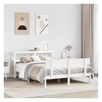 vidaXL Bed Frame with Headboard Bed White 135x190 cm Double Solid Wood Pine