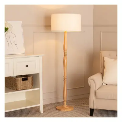 ValueLights Victoria Cream Boucle Drum Shade Light Wood Floor Lamp