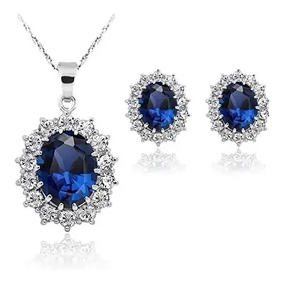 Women Princess Blue Sapphire Jewellery Pendant Necklace Earrings Set for Women Princess Diana Ka