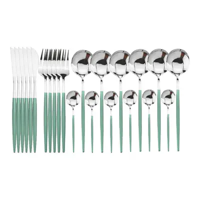 (Mint Silver, 1) 24pcs Stainless Steel Cutlery Set Fork Knife Spoon Tableware Flatware