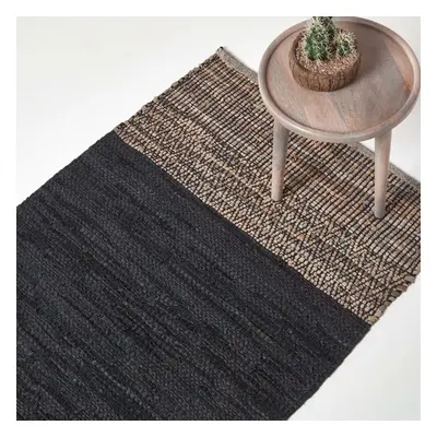 (150 x cm, Black) Recycled Leather Handwoven Herringbone Rug