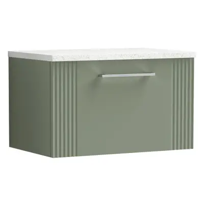 Retro Drawer Wall Hung Vanity Unit with Sparkling White Laminate Worktop - 600mm - Satin Green -