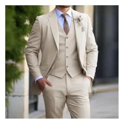 (beige, L) Mens Pieces Suit Business One Button Tuxedo Suit for Men Tuxedo Classic Blazer Waistc