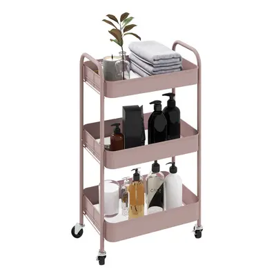 HOMCOM Tier Rolling Utility Cart with Mesh Basket, Pink