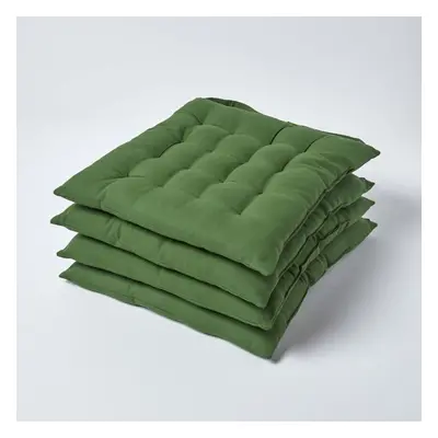 (Set of 4, Dark Olive) Plain Seat Pad with Button Straps 100% Cotton