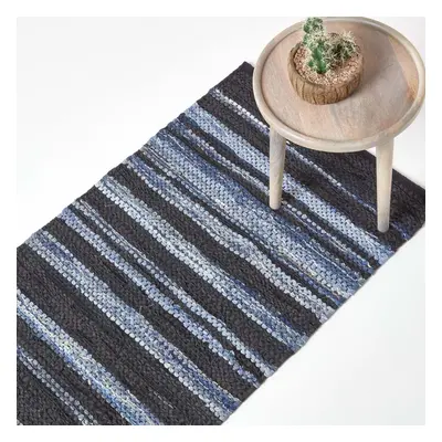 (66 x cm) Texas Leather & Denim Woven Striped Blue Rug