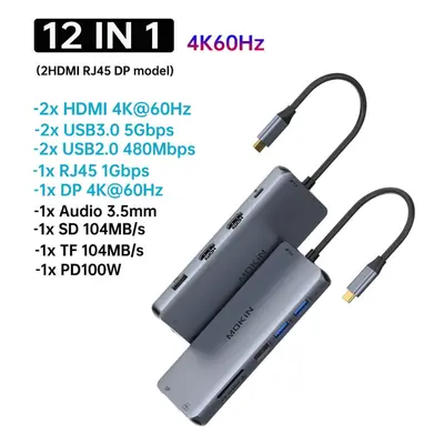 (12 in 1C(2HDMI DP) MOKiN 12-in-1 Gen USB C HUB 4K@60Hz HDMI DP 3* USB 3.0 Type C Port SD/TF PD 