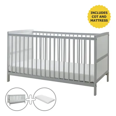 Sydney Grey Cot Bed with Kinder Flow Mattress | Solid Pine Wood