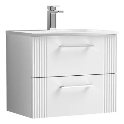 Retro Drawer Wall Hung Vanity Unit with Curved Tap Hole Ceramic Basin - 600mm - Satin White - Ba