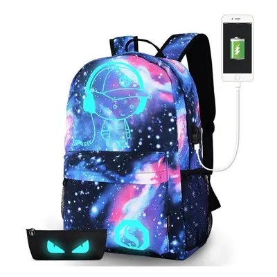 (BlueUSB, L) Galaxy School Bag Backpack Canvas USB Teens Kids