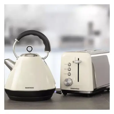 (Cream) Daewoo Kensington Pyramid Matching Slice Toaster & Kettle Set 1.7L 3000W Retro Bundle Co