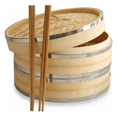 10 Inch Bamboo Steamer by Harcas. Tier. Best for Dim Sum, Vegetables, Meat and Fish.