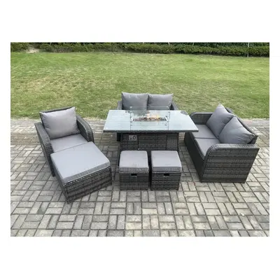 Fimous Outdoor Sofa Rattan Garden Furniture Set Patio Gas Fire Pit Dining Table and Reclining Ch