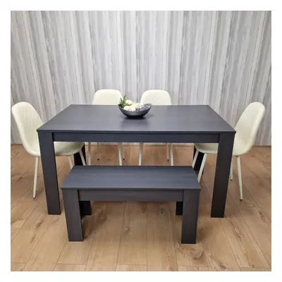 Dining Table Set Grey Dining Table and Diamond Padded Stitched Cream Chairs with Bench