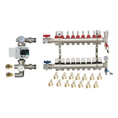 (9 PORT) Water Underfloor Heating Kit - Ports Manifold with Pump and Blending Valve Set