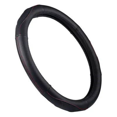 (Black Red) Car Steering Wheel Covers Genuine Leather Anti-slip Protector 37-38cm Universal