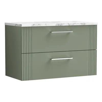 Retro Drawer Wall Hung Vanity Unit with Carrera Marble Laminate Worktop - 800mm - Satin Green - 