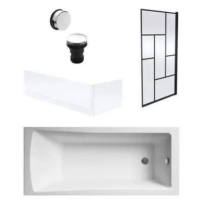 Square Single Ended Bath, Panels, Black Abstract Screen, Chrome Waste-1700x700mm