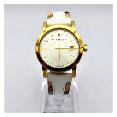 NEW BURBERRY BU9110 THE CITY GOLD WHITE TONE LEATHER STRAP WOMEN WATCH