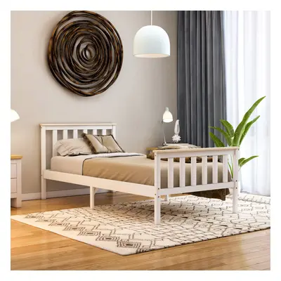 (Single, White & Pine) Milan Wood Bed Frame High Foot Solid Pine Slatted