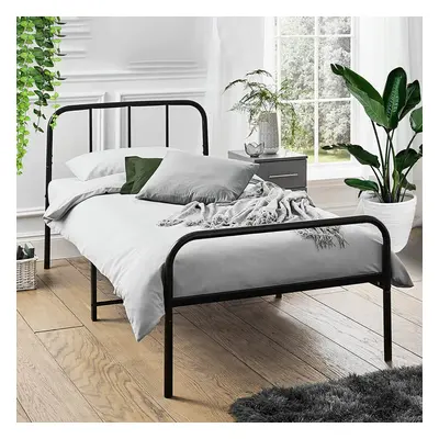 (Single, Black) Extra Strong Metal Bed Frame with Rounded Headboard