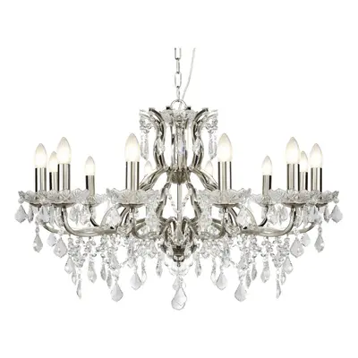 12 Light Chandelier Clear Crystal Drops & Trim Ceiling Lamp Satin Silver Finish