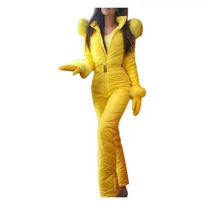 (Yellow, M) Women Winter Warm Snowsuit Outdoor Sports Pants Ski Suit Waterproof Jumpsuit