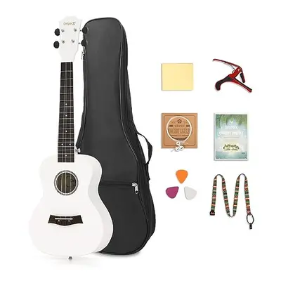 White Concert Ukulele Inch Ukulele with Beginner Kit (Ukulele Bag, Strap, Capo, Clean Cloth, Spa