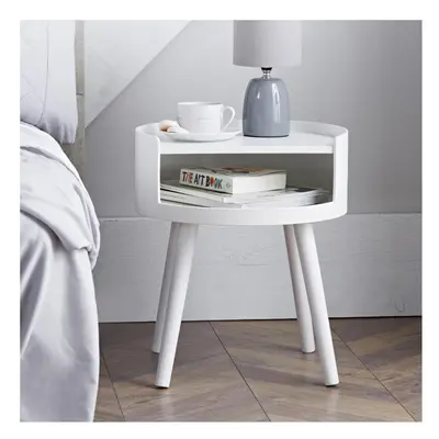 Modern White Side Table Round MDF Top and Pine Wood Legs