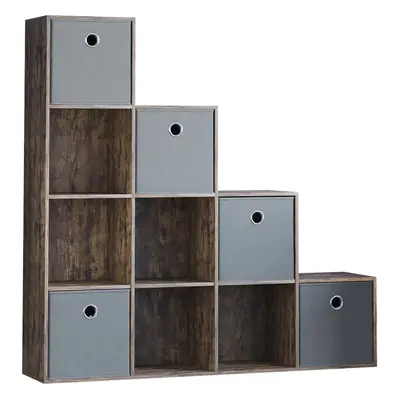 (Dark Wood, Grey) Durham Cube Staircase Shelf Drawer + Baskets