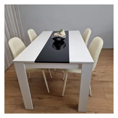 Wooden White Black Dining Table with Cream Stitched Leather Chairs