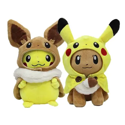 (2Pcs(Pikachu+Eevee)) 2Pcs Pokemon Pikachu Cosplay Eevee Stuffed Dolls Eevee With Cloak Cos Pika