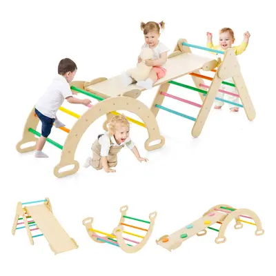 3-in-1 Triangle Climbing Set Wooden Toddler Climber with Reversible Ramp Arch