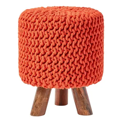 (Burnt Orange) Tall Knitted Cotton Footstool with Tripod Wooden Legs