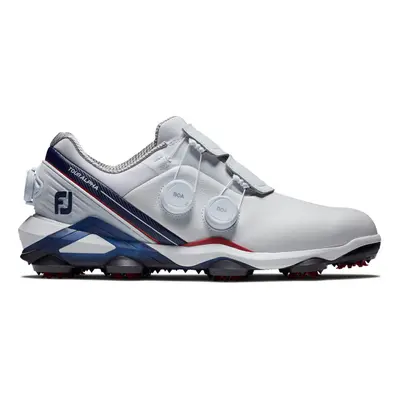 (UK 9, White/Navy/Red) Footjoy Mens Tour Alpha Waterproof Leather Triple Boa Spiked Golf Shoes