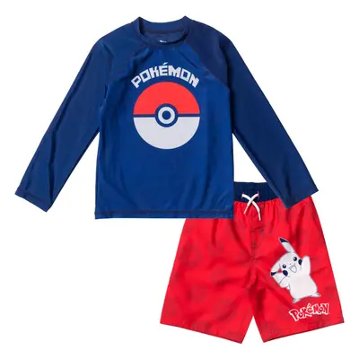 Pokemon Pikachu Big Boys Rash Guard and Swim Trunks Blue/Red