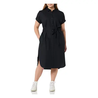 Womens Short Sleeve Button Front Belted Shirt Dress, Black, Medium