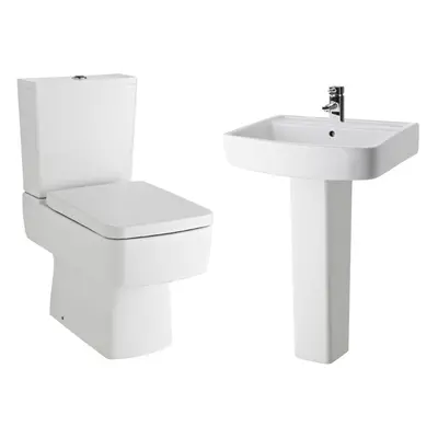 Optic Square Ceramic Bundle - Compact Semi Flush to Wall Toilet Pan & Cistern, Seat, 600mm Basin