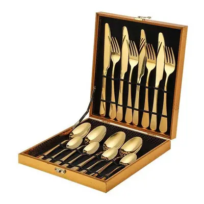 (Golden -piece wooden box) Stainless Steel Tableware -Piece Set Of Classic Tableware Four Compon