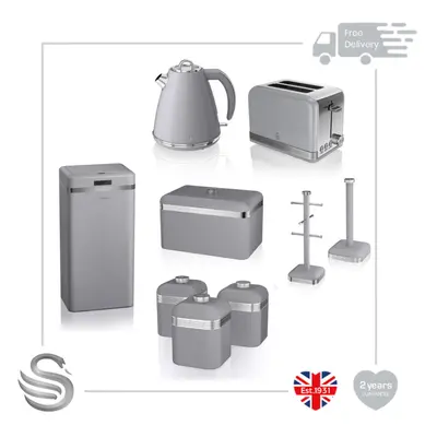 (Grey) Swan Retro 9pce Kitchen Set- 45L Electric Bin, 1.5L Cordless Kettle, Slice Toaster Crumb 