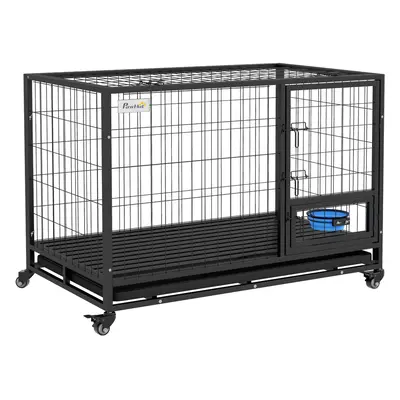 PawHut 48" Heavy Duty Dog Crate on Wheels w/ Bowl Holder, Removable Tray