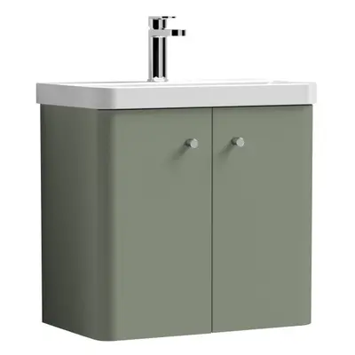 Wall Hung Door Vanity Unit with Ceramic Sink - 600mm - Satin Green