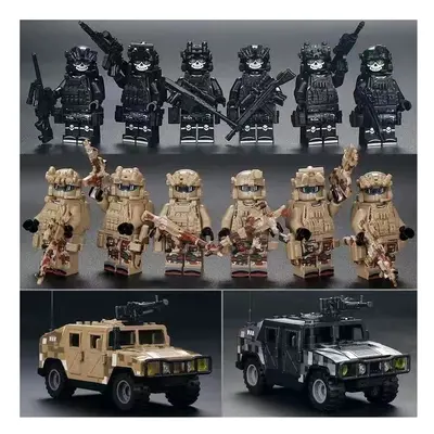 (Style G 12pcs+2jeep) 12pcs Military Soldiers Black SWAT Jeeps Minifigures Toys Fit Lego