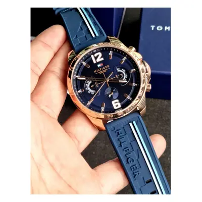 TOMMY HILFIGER MEN'S WATCH BLUE STRAP BLUE DIAL ROSE GOLD CASE