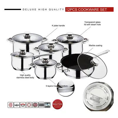 12pc Induction Stainless Steel Cookware Kitchen Glass Lids Pot Pan Set