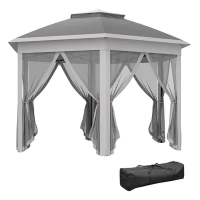 Outsunny 3x4m Hexagon Gazebo w/ Mesh Curtains Outdoor Garden, Dark Grey