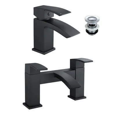 Tesa Waterfall Bath Filler Tap, Basin Mixer Tap Set & Waste Black Matte