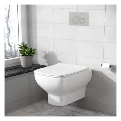 Nes Home Square White Wall Hung Toilet With Frame & Round Button Flush Plate