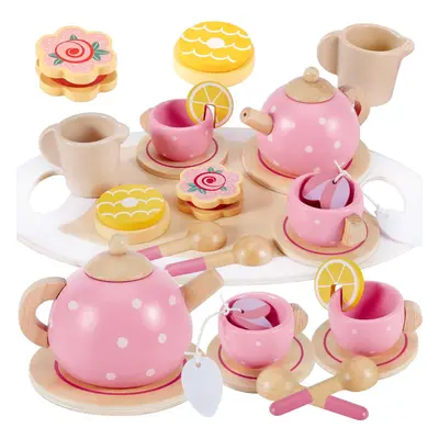 AOLEVA Wooden Afternoon Tea Set for Toddler, Children Tea Party Set with Play Food Dessert Tray 