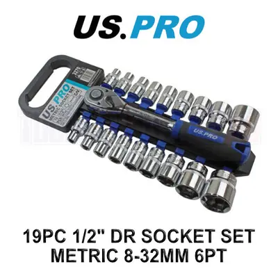 US PRO Tools 19pc 1/2" dr Metric Socket Set, Sockets, Ratchet to 32mm